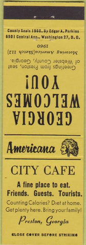 Matchbook Cover - Perkins Americana City Cafe Preston GA Yellow