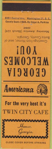 Matchbook Cover - Perkins Americana Twin City Cafe Homer GA Orange