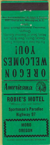Matchbook Cover - Perkins Americana Robie's Motel Moro OR Green