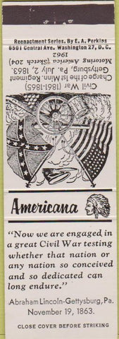 Matchbook Cover - Perkins Americana Gettysburg Civil War PA White