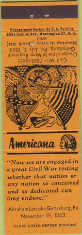 Matchbook Cover - Perkins Americana Gettysburg Civil War PA Orange
