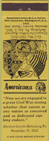 Matchbook Cover - Perkins Americana Gettysburg Civil War PA Yellow