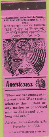 Matchbook Cover - Perkins Americana Gettysburg Civil War PA Pink