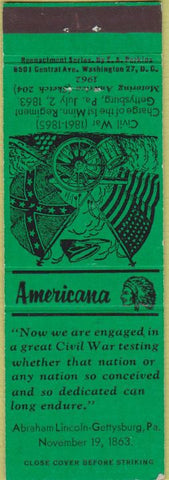 Matchbook Cover - Perkins Americana Gettysburg Civil War PA Green