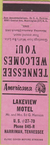 Matchbook Cover - Perkins Americana Lakeview Motel Harriman TN Light Pink