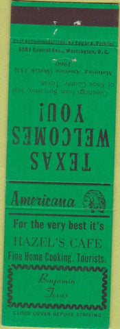 Matchbook Cover - Perkins Americana Hazel's Cafe Benjamin TX Green