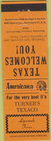 Matchbook Cover - Perkins Americana Turner's Texaco oil gas Lipscomb TX Orange