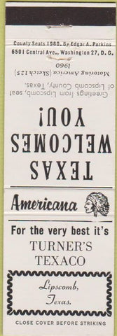 Matchbook Cover - Perkins Americana Turner's Texaco oil gas Lipscomb TX White