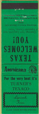Matchbook Cover - Perkins Americana Turner's Texaco oil gas Lipscomb TX Green