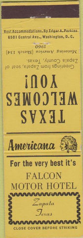Matchbook Cover - Perkins Americana Falcon Motor Hotel Zapata TX Yellow
