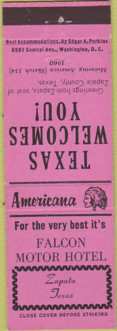 Matchbook Cover - Perkins Americana Falcon Motor Hotel Zapata TX Pink