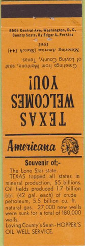 Matchbook Cover - Perkins Americana Hopper's Oil Well Loving County TX Orange