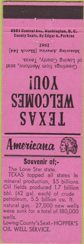 Matchbook Cover - Perkins Americana Hopper's Oil Well Loving County TX Pink