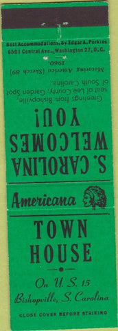 Matchbook Cover - Perkins Americana Town Hosue Bishopville SC Green