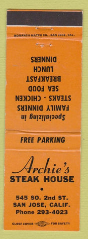 Matchbook Cover - Archie's Steak House San Jose CA