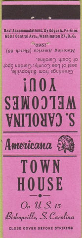 Matchbook Cover - Perkins Americana Town Hosue Bishopville SC Pink