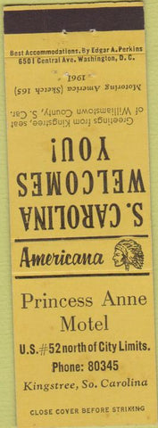 Matchbook Cover - Perkins Americana Princess Anne Motel Kingstree SC Yellow