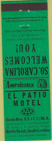 Matchbook Cover - Perkins Americana El Patio Motel Myrtle Beach SC Green