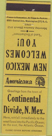 Matchbook Cover - Perkins Americana Continetnal Divide NM Yellow