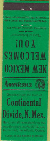 Matchbook Cover - Perkins Americana Continetnal Divide NM Green