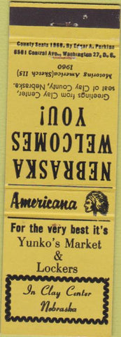 Matchbook Cover - Perkins Americana Yunko's Market Clay Center NE Yellow