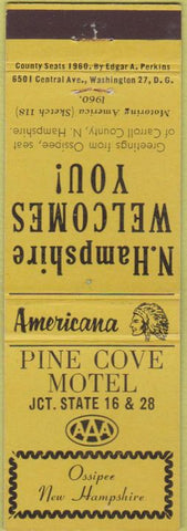 Matchbook Cover - Perkins Americana Pine Cove Motel Ossippe NH Yellow