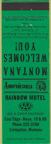 Matchbook Cover - Perkins Americana Rainbow Motel Livingston MT Green
