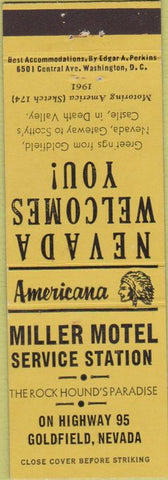 Matchbook Cover - Perkins Americana Miller Motel oil gas Goldfield  NV Yellow