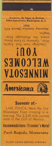 Matchbook Cover - Perkins Americana Lake Itasca Park Rapids MN Orange