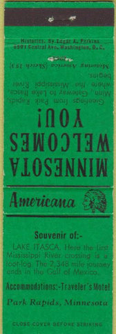 Matchbook Cover - Perkins Americana Lake Itasca Park Rapids MN Green