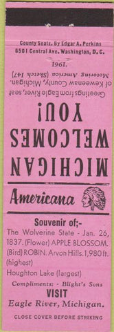 Matchbook Cover - Perkins Americana Eagle River MI Pink