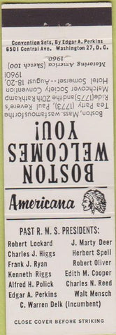 Matchbook Cover - Perkins Americana RMS 1960 Convention Boston MA White