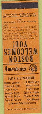 Matchbook Cover - Perkins Americana RMS 1960 Convention Boston MA Orange