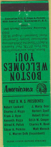Matchbook Cover - Perkins Americana RMS 1960 Convention Boston MA Green