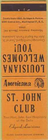 Matchbook Cover - Perkins Americana St John Club Edgard LA Orange