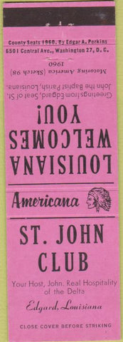 Matchbook Cover - Perkins Americana St John Club Edgard LA Pink