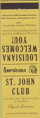 Matchbook Cover - Perkins Americana St John Club Edgard LA Yellow