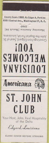 Matchbook Cover - Perkins Americana St John Club Edgard LA White