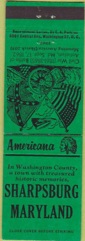 Matchbook Cover - Perkins Americana Civil War Sharpsburg MD Green