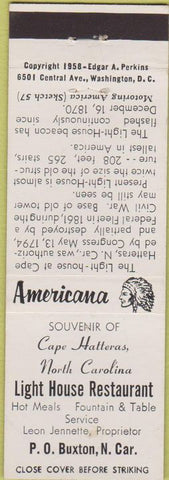 Matchbook Cover - Perkins Americana Light House Restaurant Buxton NC White