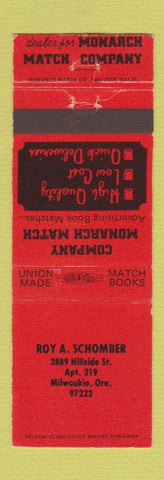 Matchbook Cover - Monarch Match Roy Schomber Milwaukie OR