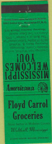 Matchbook Cover - Perkins Americana Carrol Groceries Walthall MS Green