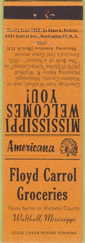 Matchbook Cover - Perkins Americana Carrol Groceries Walthall MS Orange