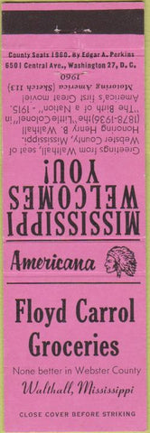 Matchbook Cover - Perkins Americana Carrol Groceries Walthall MS Pink