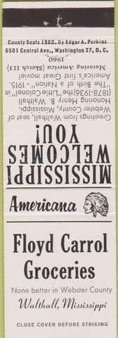 Matchbook Cover - Perkins Americana Carrol Groceries Walthall MS White