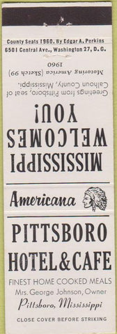 Matchbook Cover - Perkins Americana Pittsboro Hotel  MS White