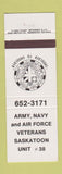 Matchbook Cover - Army Navy Air Force Veterans of Saskatoon SK