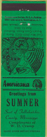 Matchbook Cover - Perkins Americana Civil War Sumner  MS Green