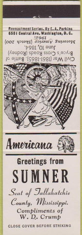 Matchbook Cover - Perkins Americana Civil War Sumner  MS White