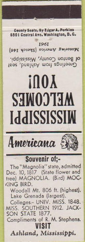 Matchbook Cover - Perkins Americana Ashland  MS White